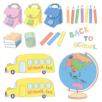 Vector set. School Bus, Globe, Bags and other attributes