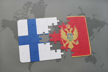 puzzle with the national flag of finland and montenegro on a world map background.