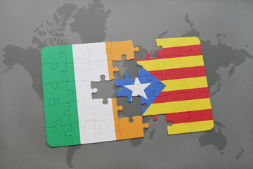 puzzle with the national flag of ireland and catalonia on a world map background.