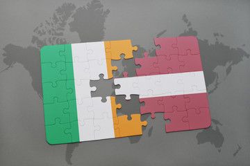 puzzle with the national flag of ireland and latvia on a world map background.
