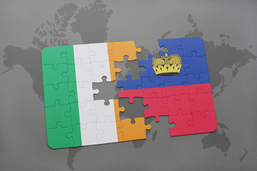 puzzle with the national flag of ireland and liechtenstein on a world map background.