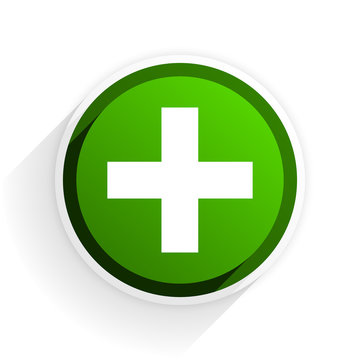 plus flat icon with shadow on white background, green modern design web element