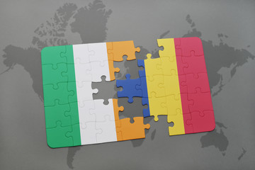 puzzle with the national flag of ireland and romania on a world map background.