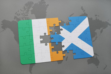puzzle with the national flag of ireland and scotland on a world map background.