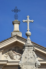 Holy crosses at the top of monuments in Tiberina Island, Rome