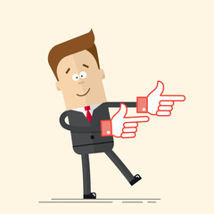 Happy businessman or manager It shows side his hand. Pleased man in a business suit and tie. A man in a cartoon flat style. Vector illustration isolated on beige background.