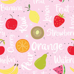 Seamless fruit pattern with pink background