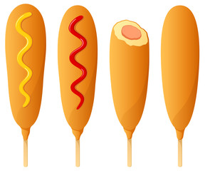 Vector illustration of corn dogs with and without condiments.