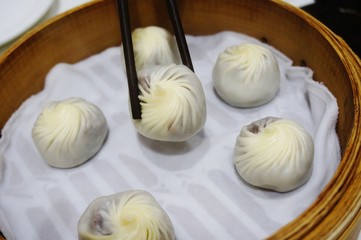 Basket of Chinese red bean paste steamed dumplings