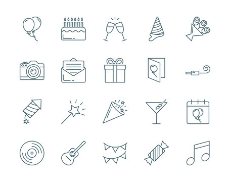 Party and birthday vector icons set modern line style