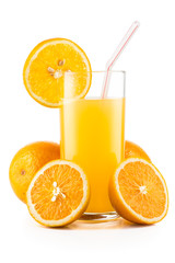 Orange juice and slices of orange isolated on white background