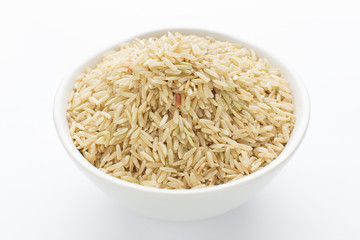 Whole grain organic brown rice in a bowl