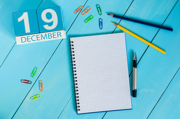 December 19th. Day 19 of month, calendar on auditor workplace background. Winter time. Empty space for text