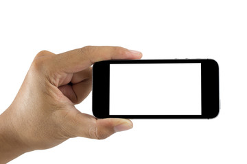Hand holding smart phone isolated on white background with clipping path. Smart phone with blank screen and can be add your texts or others on smart phone.Smart phone concept.
