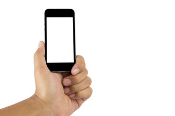 Hand holding smart phone isolated on white background with clipping path. Smart phone with blank screen and can be add your texts or others on smart phone.Smart phone concept.