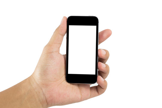 Hand holding smart phone isolated on white background with clipping path. Smart phone with blank screen and can be add your texts or others on smart phone.Smart phone concept.