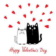 Happy Valentines Day. Cute cartoon black white cat boy and girl family. Kitty couple on date. Funny character set. Love greeting card. Flat design. Heart background. Isolated.