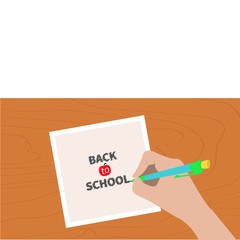 Back to school greeting card chalk text. Hand writing drawing pen. Girl holding pencil. Paper sheet. Wooden desk table. Body part. Template empty. Flat design. Isolated White background.