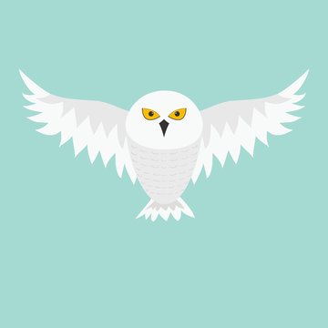 Snowy white owl. Flying bird with big wings. Yellow eyes. Arctic Polar animal collection. Baby education. Flat design. Isolated. Blue sky background.