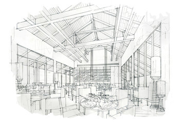 sketch stripes all day & restaurant , black and white interior design.