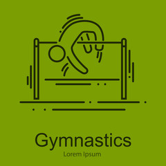 Gymnastics athlete at horizontal bar doing exercise, sport competition vector illustration