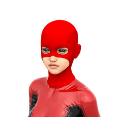 one girl teenager wearing a red super black latex suit. A view of the face. Close to the camera. She looks at the camera. Body turned slightly to the left