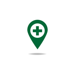 Map pointer with hospital sign