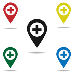 Map pointer with hospital sign