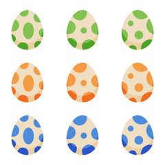 Cute cartoon style colorful monster, dinosaur, dragon spotted eggs set, collection isolated on white background.