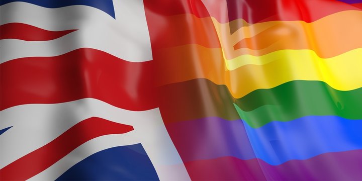 UK and gay pride flag. 3d illustration
