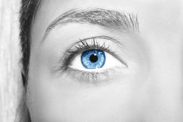 Beautiful insightful look blue woman's eyes.