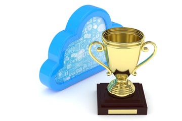 Isoalted golden cup with cloud on white background. Blue contour cloud. Concept of cloud storage competition. Leader cloud drive. Best storage contest. 3D rendering.