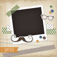 Hipster scrap card with photoframe, mustache and glasses