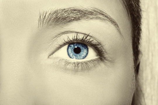 Beautiful insightful look blue vintage woman's eyes.
