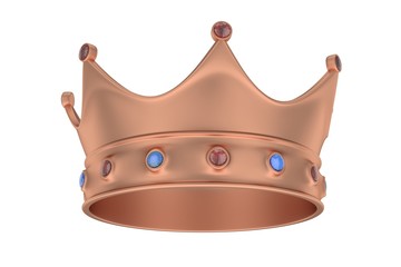 Bronze royal crown with blue and red gems on white. 3D rendering.