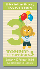 Birthday holiday greeting and invitation with cute lion vector card 3 years old