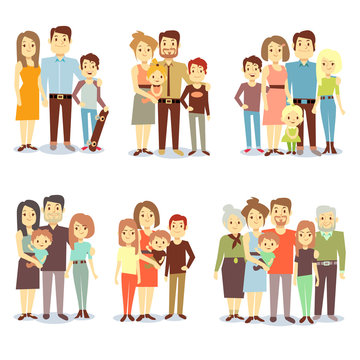 Families different types flat vector icons set