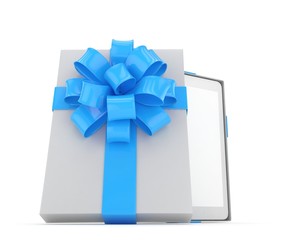 Tablet in white gift box with blue bow and ribbons on white. 3D rendering.