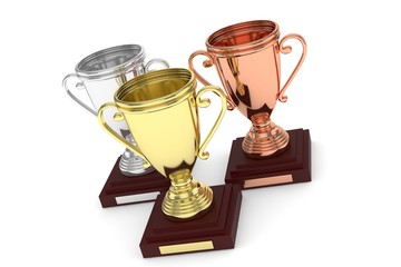 Three cups on white background. 3D rendering.