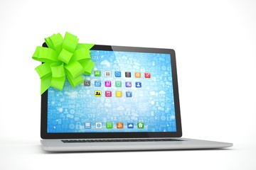 Tied laptop with green bow on white background. Modern present or gift for birthday, holiday, christmas. 3D rendering.