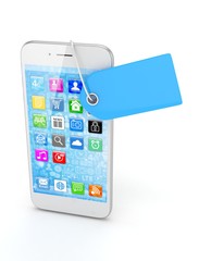 White smart phone with blue price tag on white background. Identification, price, label. 3D rendering.