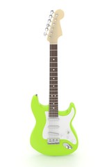Isolated green electric guitar on white background.  Musical instrument for rock, blues, metal songs. 3D rendering.