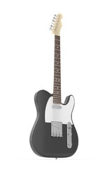 Isolated black electric guitar on white background.  Musical instrument for rock, blues, metal songs. 3D rendering.