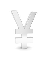 Obraz premium Isolated silver yen yuan sign on white background. Chinese japanese currency. Concept of investment, asian market, savings. Power, luxury and wealth. 3D rendering.