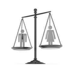 Isolated old fashioned pan scale with man and woman on white background. Gender inequality. Equality of sexes. Law issues. Silver model. 3D rendering.
