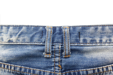 Close up belt loops on blue jeans isolated on white background