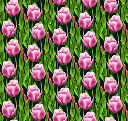print, seamless pattern with pink tulips and green leaves on a dark background. Plant flower nature wallpaper