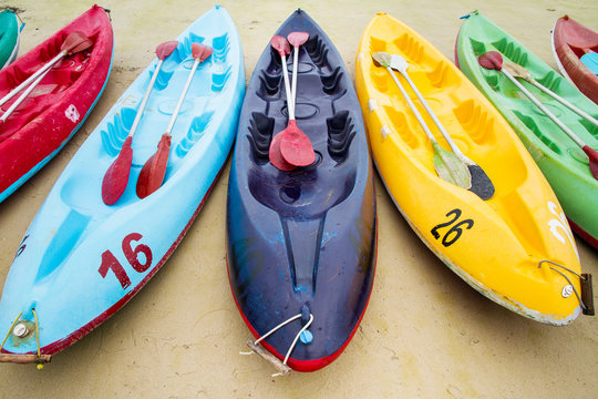 Colourful sea kayaks on the beach.Thailand
