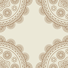 Boho floral mandalas frame in brown over beige. Vector illustration