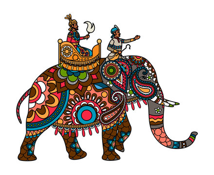 Ethnic Indian maharajah on the elephant colored illistration. Vector illustration